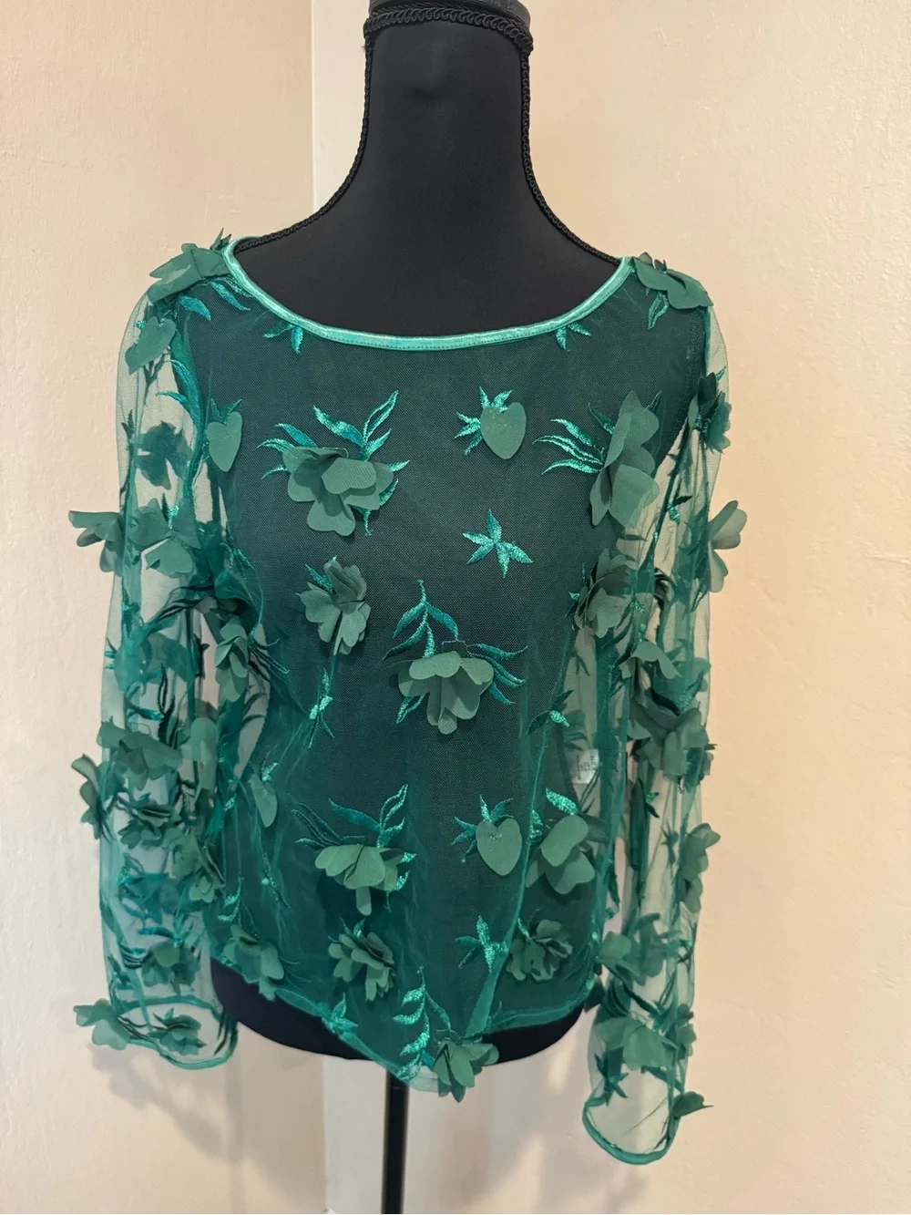 NEXT Green Sheer Floral 3D Appliqué Blouse Poison Ivy / Fairy Flowers - Picture 2 of 7